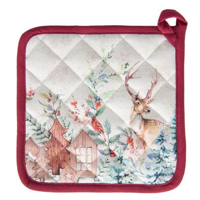 Clayre & Eef Topflappen 20x20 cm Weiß Rot Baumwolle Hirsch (Gr. 20x20 cm)