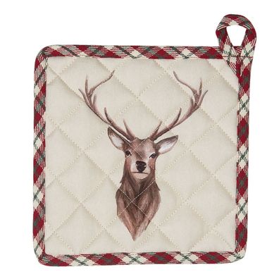 Clayre & Eef Topflappen 20x20 cm Beige Rot Baumwolle Hirsch (Gr. 20x20 cm)