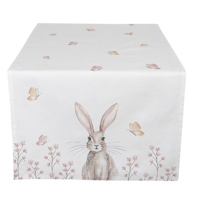 Clayre & Eef Tischläufer 50x140 cm Weiß Braun Baumwolle Kaninchen (Gr. 50x140 cm)