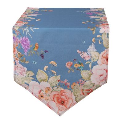 Clayre & Eef Tischläufer 50x160 cm Blau Baumwolle Blumen (Gr. 50x160 cm)