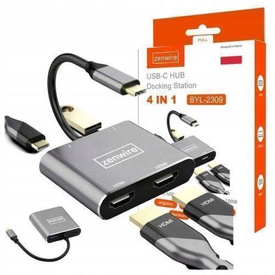 Adapter HUB USB-C 4W1 Adapter 2x HDMI 4K USB 3.0 Zenwire BYL-2309
