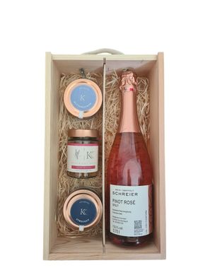 Holzbox mit Tragekordel und 1Fl Pinot Rosé brut, 2x Fingersalz 1x Gewürz Kostenlos V