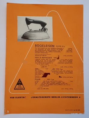 Prospektblatt Bügeleisen Type II ge VEB Elektro-Haushaltsgeräte Berlin Lichtenberg 4