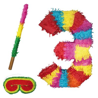 Pinata Zahl 0 bis 9 Set mit Stab, Augenmaske Kinder-Geburtstag Schlag-Spiel 50x35 cm