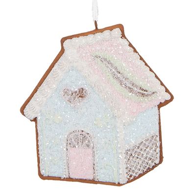 Clayre & Eef Weihnachtsanhänger Lebkuchenhaus 9x1x10 cm Blau Kunststoff