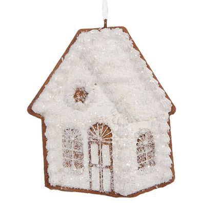 Clayre & Eef Weihnachtsanhänger Lebkuchenhaus 9x1x10 cm Weiß Kunststoff