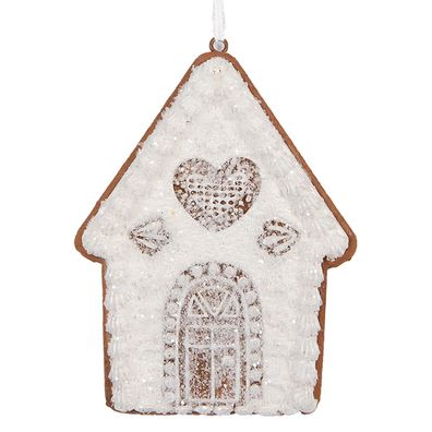 Clayre & Eef Weihnachtsanhänger Lebkuchenhaus 8x1x10 cm Weiß Kunststoff