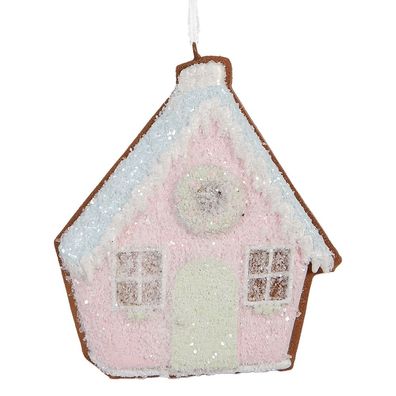 Clayre & Eef Weihnachtsanhänger Lebkuchenhaus 9x1x10 cm Rosa Blau Kunststoff