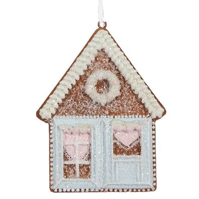 Clayre & Eef Weihnachtsanhänger Lebkuchenhaus 8x1x10 cm Blau Kunststoff