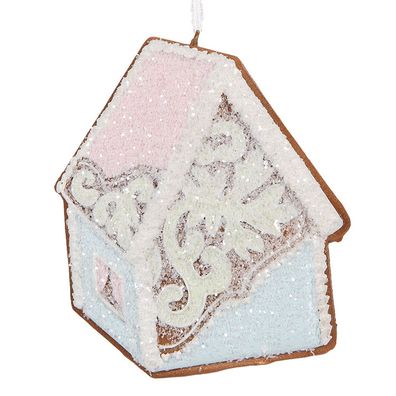 Clayre & Eef Weihnachtsanhänger Lebkuchenhaus 9x1x10 cm Blau Rosa Kunststoff