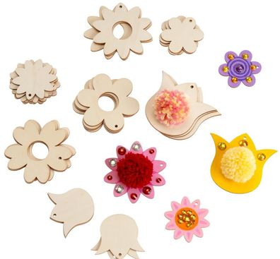 Holzanhänger Pompon Blumen, 32er Set