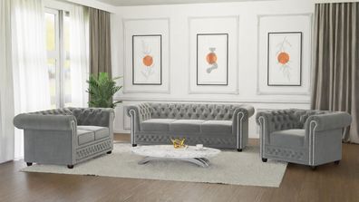 Cleo - Chesterfield Polstergarnitur mit Schlaffunktion 3 + 2 + 1 aus Samt-Stoff