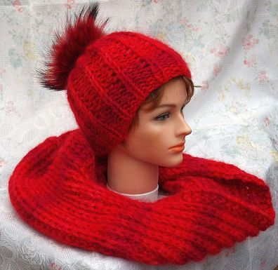 Winter-Set - Mütze mit Fellimitat-Pompon und Loop - Unikat