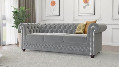 Cleo - Chesterfield 3 sitzer Sofa mit Schlaffunktion aus Samt-Stoff mit Holzfüßen