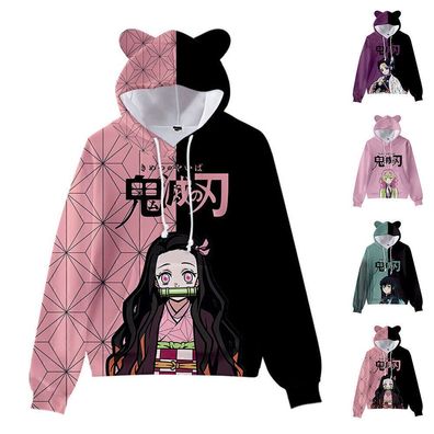 Damen Demon Slayer Anime Hoodies Pullover Sweatshirt Katzenohr Kapuzenpullover Tops
