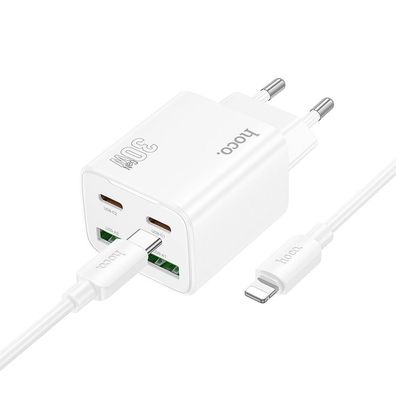 HOCO Netz-Ladegerät N56 30W Weiß mit 2× USB-C + 2× USB-A und 1 m USB-C-auf-iPhone