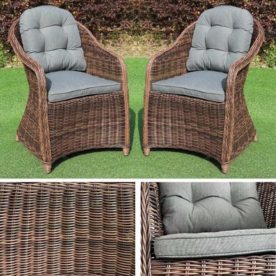 2er Set Sessel BELLA rundes Polyrattan Natural-Brown Gartensessel Armlehnsessel