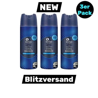 Today Deo Spray Herren Männer MEN Cool Breeze 24h 3x 200ml Pack (EUR 24,82 / L)