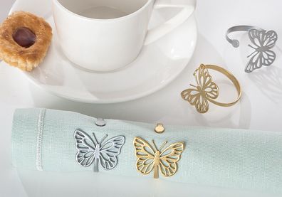 Gilde 4tlg. Set, Serviettenring, Schmetterling, "Borla", Metall, goldfarben, silbe