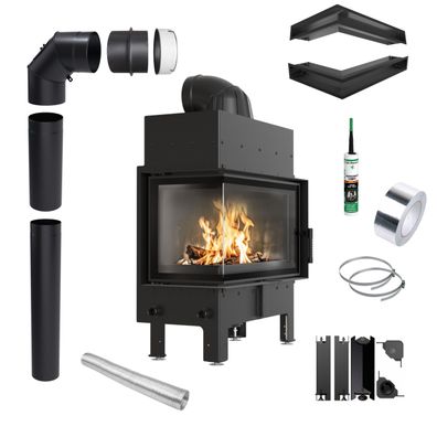 Eck Kamineinsatz KRATKI FLOKI links 10kW Ø200 schwarz Schließung Set