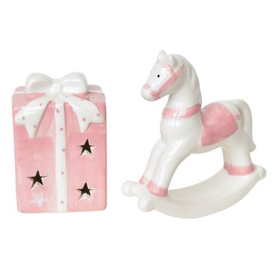 Schaukelpferd 12 cm und Geschenk 10 cm mit LED-Beleuchtung aus Keramik, 2er Set