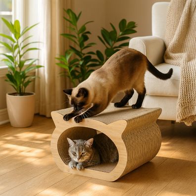 QLS Kratzmöbel 3in1 Katzen Wellpappe 37×36×23cm Eiche Kratzbrett Liege Höhle 11372