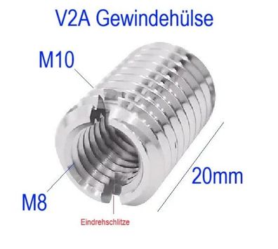 V2A Gewinde Hülse Adapter M10 auf M8 20mm Gewinde Adapter M8 M10 Gewindeadapter