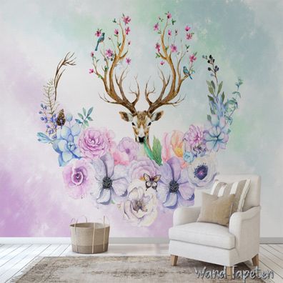 Vlies Fototapete Wandtapete Wandbilder Amerikanische Hirschkopf Blume 2885