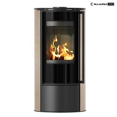 Kaminofen aus Stahl KRATKI ERIK Ø 150 5,5 kW dekorative Keramiken GOLD SATIN schwarz