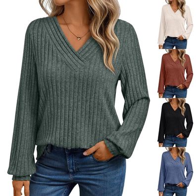Damen Langarm T-Shirt Pullover Tops RIBBED Strick Bluse V-Ausschnitt Shirts Pullover