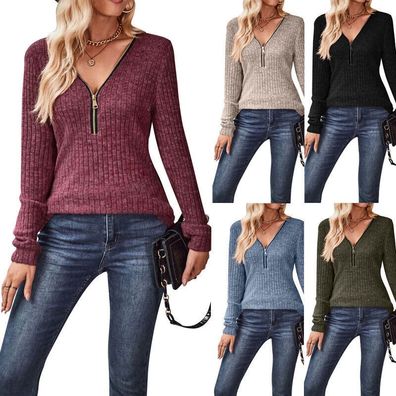 Damen Pullover Shirts Jumper Reibverschluss V-Ausschnitt RIBBED Strick Tops Stretc