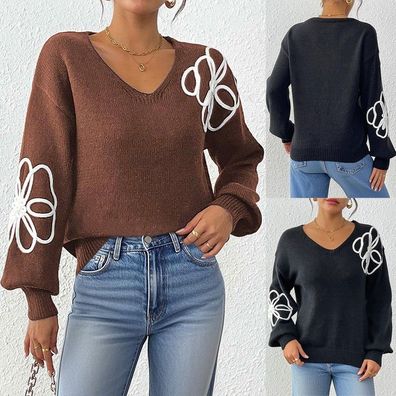 Damen Pullover V-Ausschnitt Lose Pullover Hakeln Blume Gestrickt Casual Jumpe
