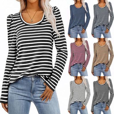 Herbst Womens Casual Tops T-Shirts Lange Puffarmel Streifen Bluse Pullover GRobE