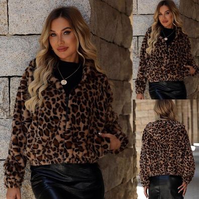 Damen Leopard Reibverschluss Kapuze Tasche Teddybar Mantel Fleece Pelze Jacke