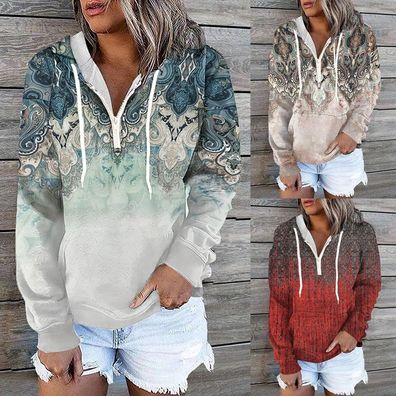 Damen Casual PRINT Sweatshirt Kapuzenpullover Mantel Zip Neck Top Hoodie Plus Size