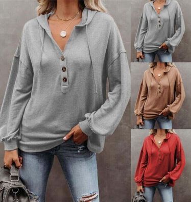 Damen Langarm Sweatshirt Bluse Damen Knopf V-Ausschnitt Hoodies Tops ubergrobe