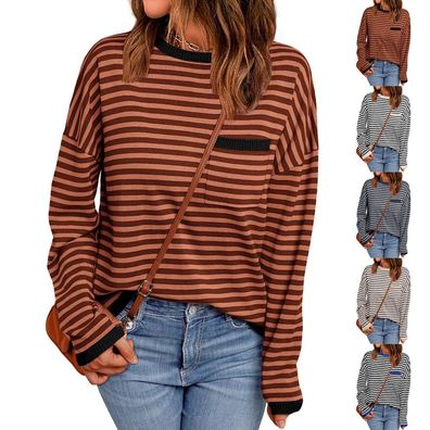 Damen Langarm Pullover Jumper Knitted Striped Tops Loose Sweater Plus