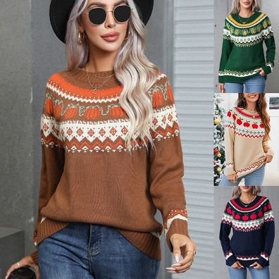 Damen Weihnachten Halloween Pullover Kurbisse Tops Grobstrick Pullover Jumper Grobe