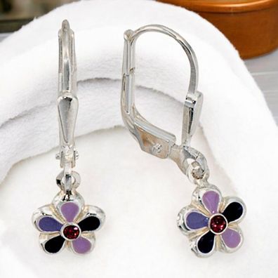 Kinder Boutons Blume 925 Silber 2 Glassteine lila violett Ohrringe Ohrhänger