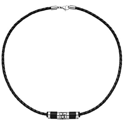 NEU & CHIC . OVP . Collier Halskette Leder schwarz mit Edelstahl 45 cm Kette