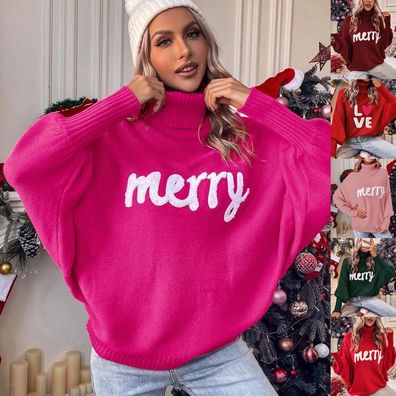 Damen Grobstrickpullover Frohe Weihnachten High Neck Jumper Pullover XMAS Tops