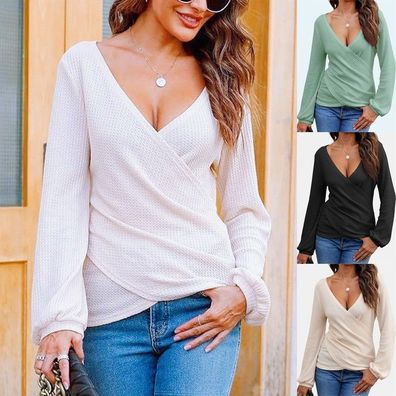 Damen V-Ausschnitt Tunika Herbst TEE Langarm Bluse Pullover Pullover Shirts Tops