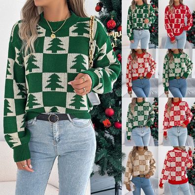 Damen Pullover Weihnachtspullover Karo Grobstrick Winterpullover Tops GRobE