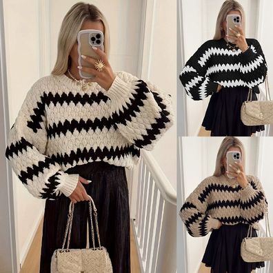 Damen Herbst Pullover Strick Lose Jumper Winter Langarm Tops Pullover GRobE