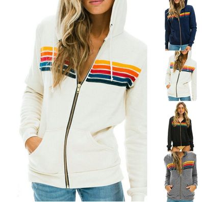 Aviator Nation 5-Streifen Damen Langarm-Kapuzenpullover mit Reibverschluss und Kapuze
