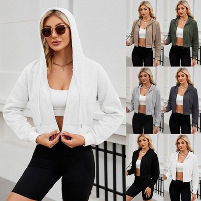 Damen Kapuzen-Crop-Top Hoodie Kapuzenoberteil Sweatshirt Reibverschlussjacke Mantel