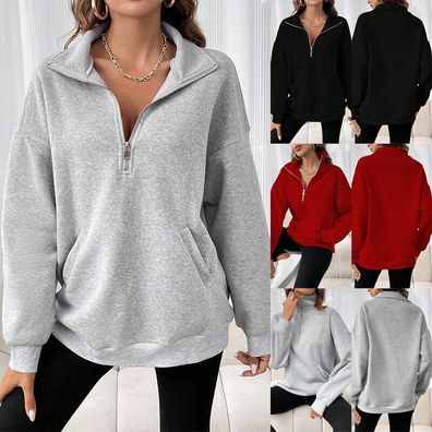 Damen Fleece Pullover Sweatshirt Reibverschluss Hals Casual Hoodies Casual Tops Plus