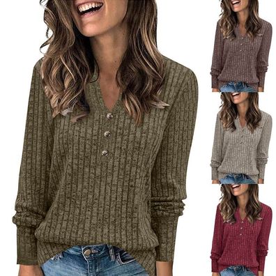 Damen Langarm Rippstrick Pullover Tops Knopf V-Ausschnitt T-Shirts Pullover GRobE