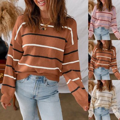Damen Gestreifter Langarmpullover Strick Casual Pullover Pullover Lose Top Grobe