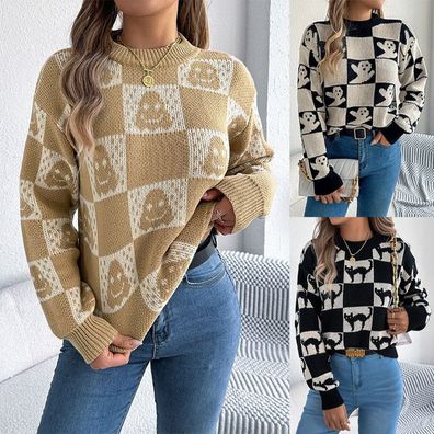 Damen Karo-Party Halloween Pullover Tops Ghost Strickpullover Pullover